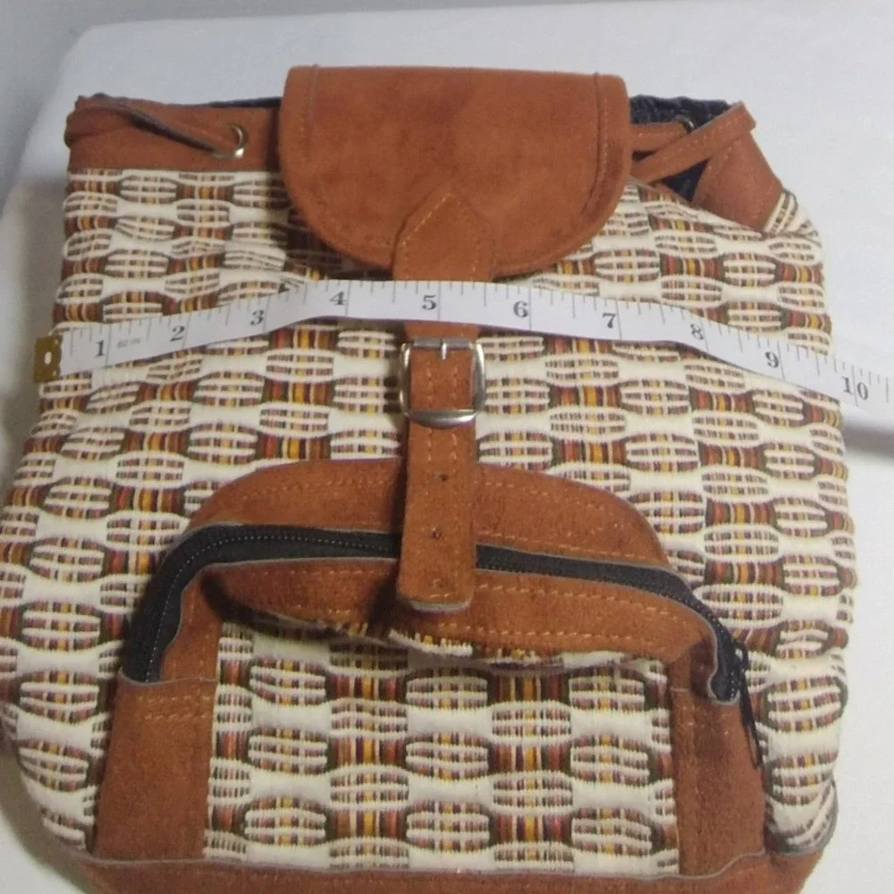 Bohemian Woven Mini Backpack Faux Suede Trim Brown Cream Geometric Boho Bag